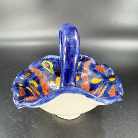 Vintage Talavera Mexico Pottery Hand Made Basket Bowl Hand Painted Signed Bottom - Picture 14 of 16